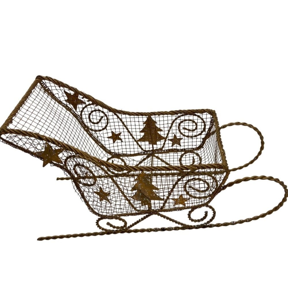 Gold Wire Christmas Sleigh Decoration With Trees & Stars Design C38